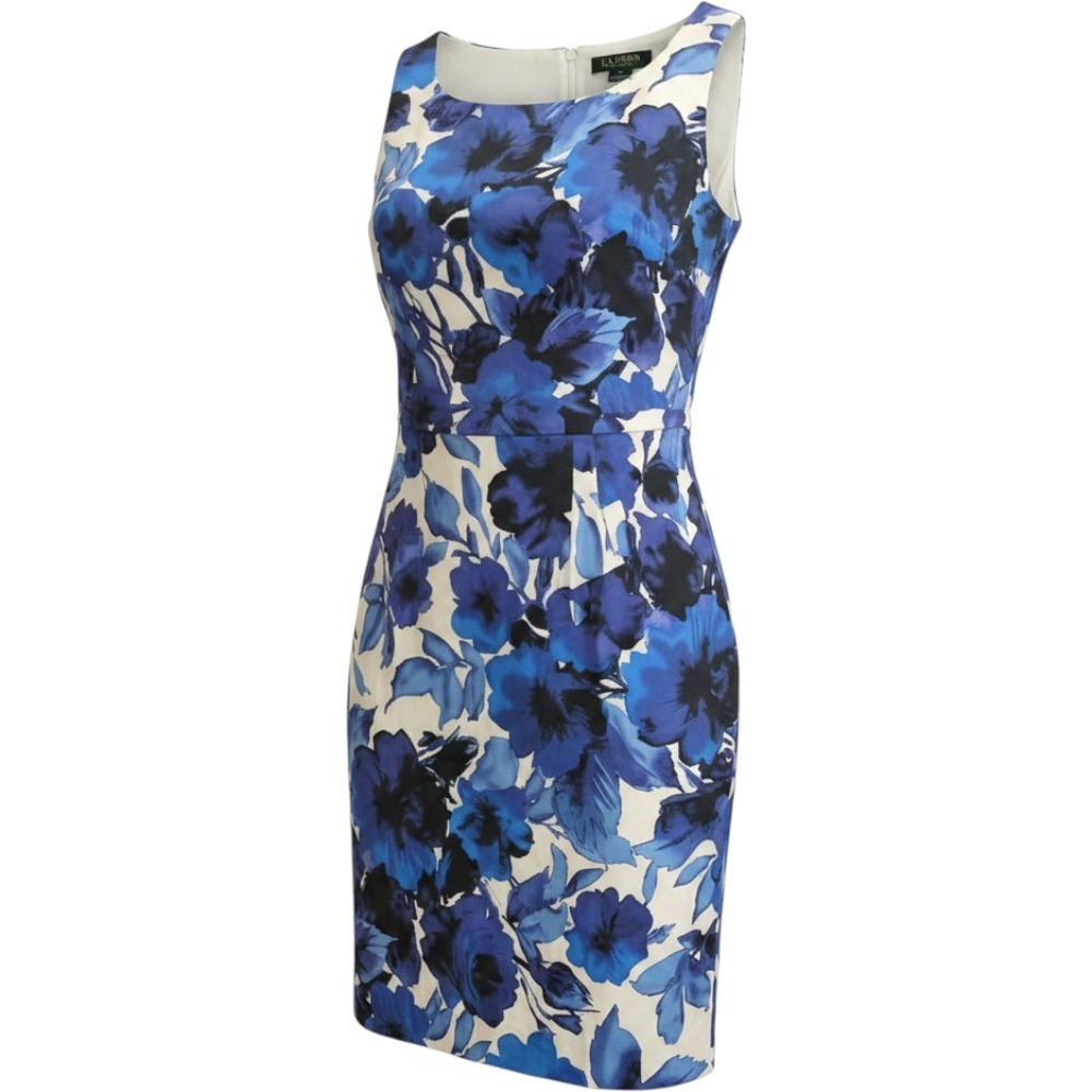 Lauren Ralph Lauren Blue Floral Watercolor Sheath Dress Faux Wrap Waist Size 4